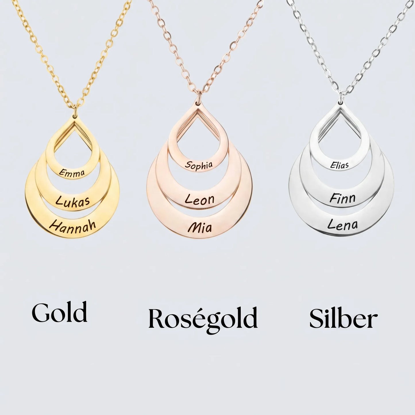 EwigeTropfen™ – Tropfen-Anhänger Halskette mit 3 Namen